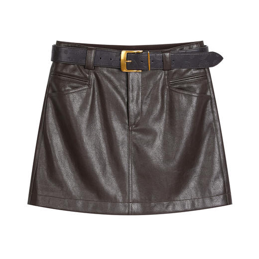 NEELLY纳俪商场同款春季新款复古摩登高腰A字皮裙女深棕简约短裙N26012E01041 商品图3