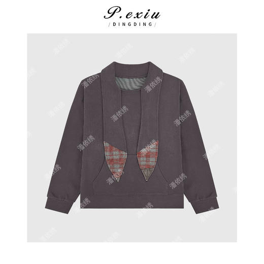 03-2潘依绣丁丁宠粉设计感慵懒减龄格纹拼接兔耳朵系带磨毛长袖卫衣Q38941 商品图0