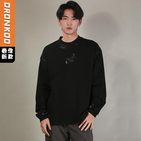 DRONKOO 2026 圆领前后撞色S印花刷银粉做旧微阔长袖中厚T恤