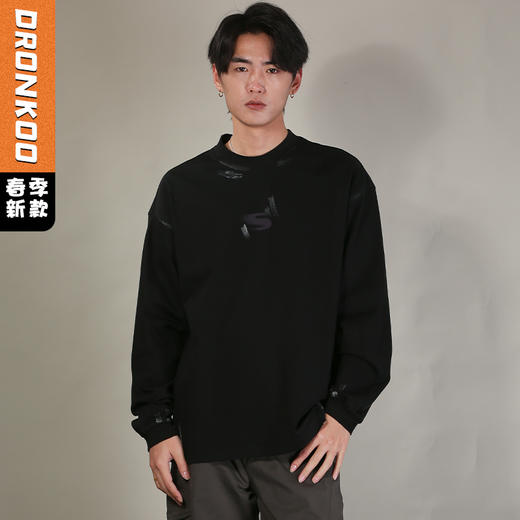 DRONKOO 2026 圆领前后撞色S印花刷银粉做旧微阔长袖中厚T恤 商品图0