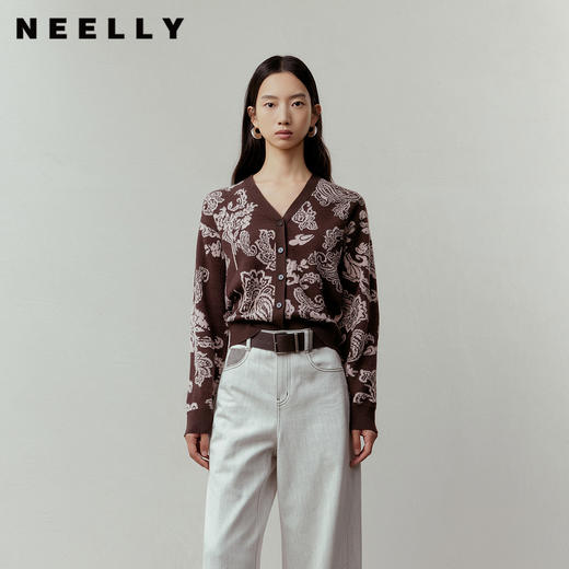 NEELLY纳俪商场同款春季新款复古V领花纹针织开衫女慵懒休闲上衣N26012A01024 商品图0