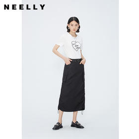 NEELLY纳俪商场同款夏新款美式复古工装半裙女抽绳褶皱后开叉腰裙N26044E04583