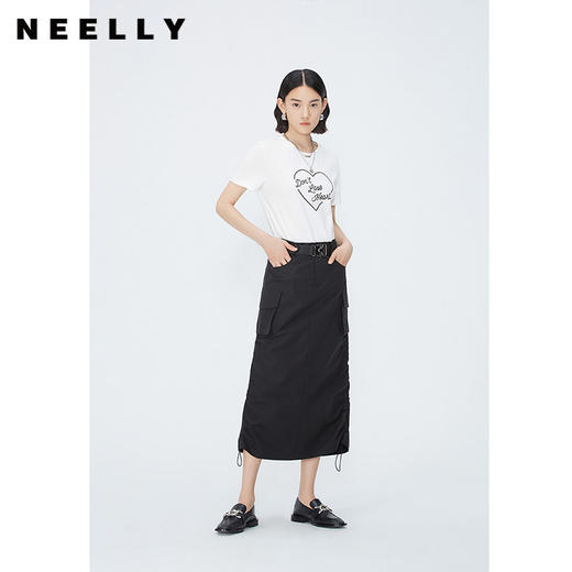 NEELLY纳俪商场同款夏新款美式复古工装半裙女抽绳褶皱后开叉腰裙N26044E04583 商品图0