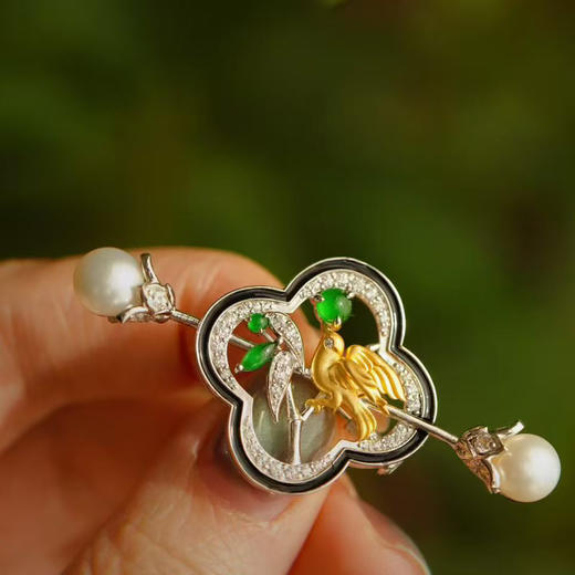 龢盒原创  银镶竹林小鸟翡翠胸针 商品图2