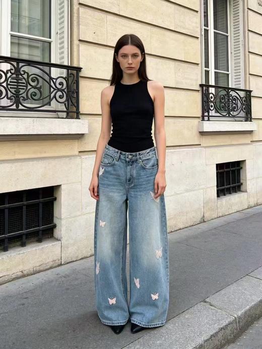 F030148重工刺绣蝴蝶结高品质浅蓝色宽松阔腿牛仔裤女春季拖地长裤 商品图0