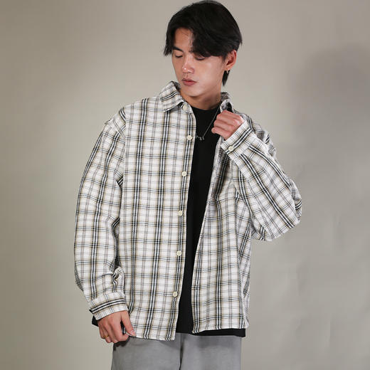 DRONKOO 2026 翻领左贴袋压皱撞色格纹微阔中厚衬衣外套 商品图2