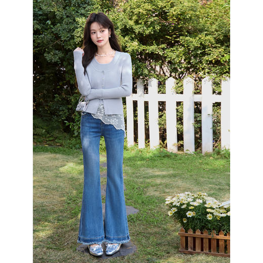 鹿向南「花开香气」浅蓝色假两件设计感针织衫女春季显瘦长袖上衣 商品图1