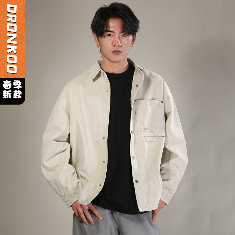 DRONKOO 2026 翻领左胸单贴袋字母印花中厚衬衣外套