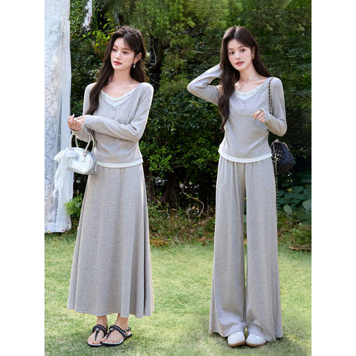 鹿向南「轻歌曼舞」灰色假两件休闲正肩长袖t恤女春新款短款上衣 商品图4