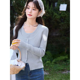 鹿向南「花开香气」浅蓝色假两件设计感针织衫女春季显瘦长袖上衣