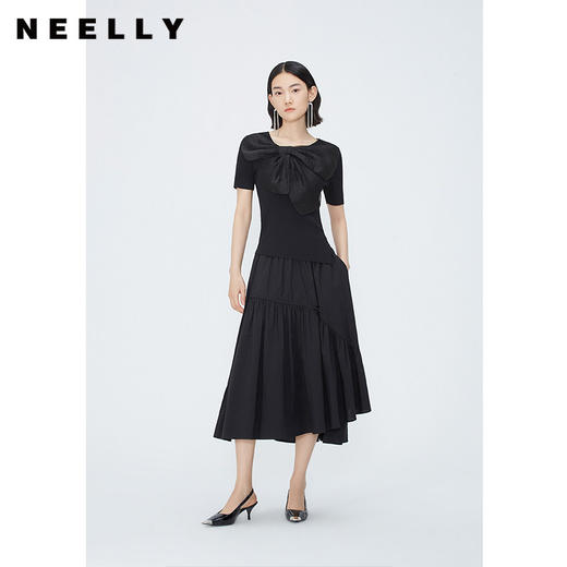 NEELLY纳俪商场同款夏季新款黑色套头针织衫女薄款网纱蝴蝶结上衣N26044A04581 商品图0