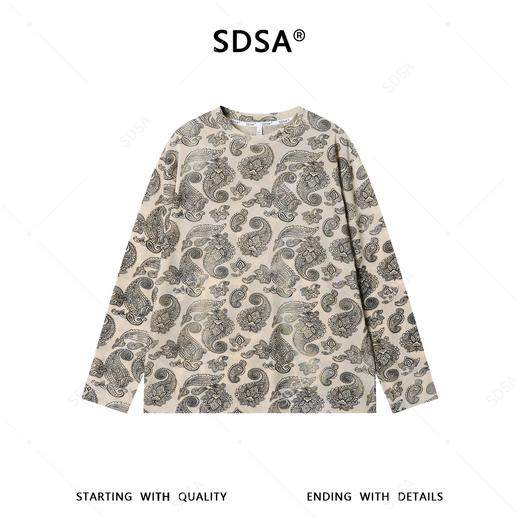 SDSA男装2026新款腰果花满印长袖T恤复古民族风宽松圆领打底衫 商品图0
