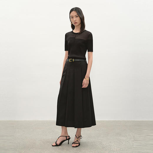 NEELLY纳俪商场同款夏季新款高腰百褶开衩半身裙女优雅气质A字裙N26044E04522 商品图2