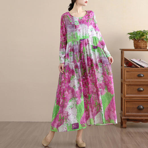 百媚生 复古文艺印花连衣裙女春秋长袖棉麻长裙C024-5097 商品图0