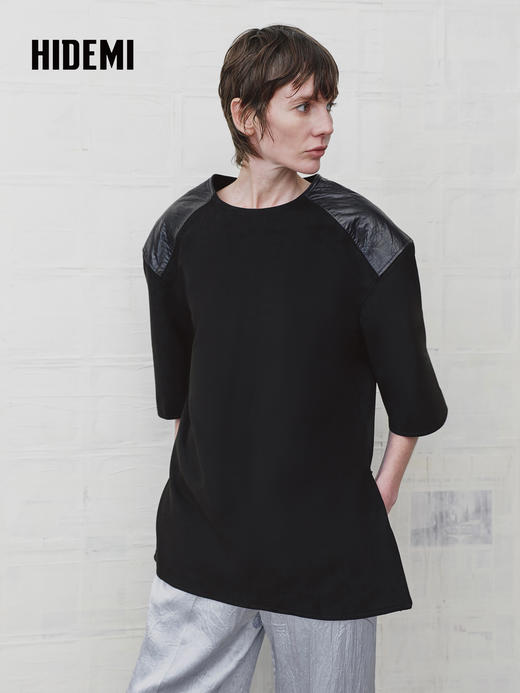 HIDEMI 复古环保麂皮绒廓形套装圆领拼皮油蜡皮套头上衣/阔腿长裤 商品图3