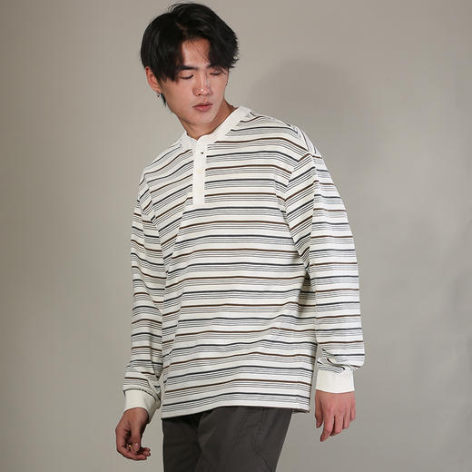 DRONKOO 2026 圆领前开扣多色细条纹长袖中厚T恤 商品图2