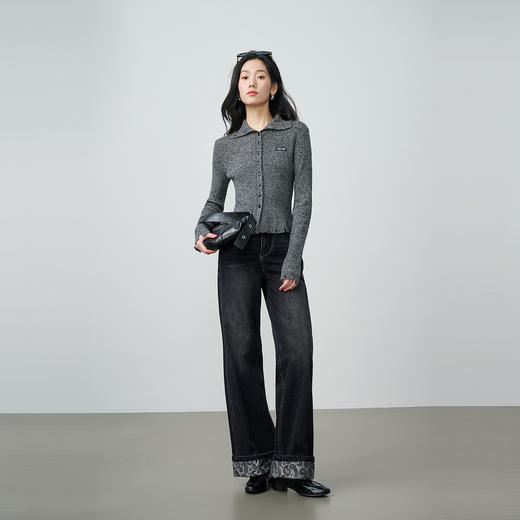 NEELLY纳俪商场同款春季新款修身翻领温柔针织开衫女显瘦亲肤上衣N26014A03312 商品图3