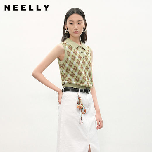 NEELLY纳俪商场同款夏季新款格纹POLO领无袖针织衫女时尚百搭毛衣N26044A04512 商品图0