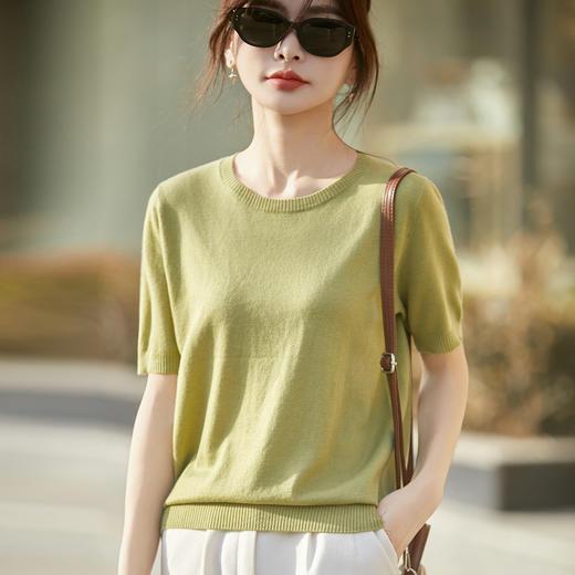 百媚生 精纺羊毛薄款针织短袖T恤打底衫ZN-002-35 商品图0