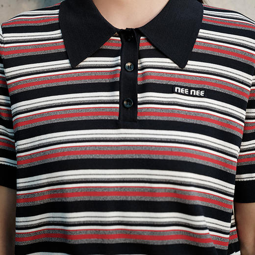 NEELLY纳俪商场同款夏季新款POLO领短袖针织衫女条纹撞色舒适上衣N26054A04504 商品图1