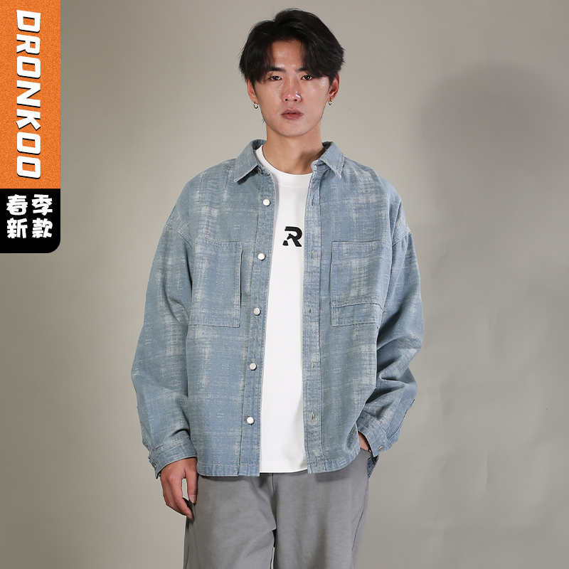 DRONKOO 2026 翻领前双侧开口贴袋牛仔提花微阔长袖中厚衬衣