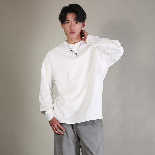 DRONKOO 2026 圆亨利领开扣钉珠装饰微阔长袖中厚T恤 商品图2