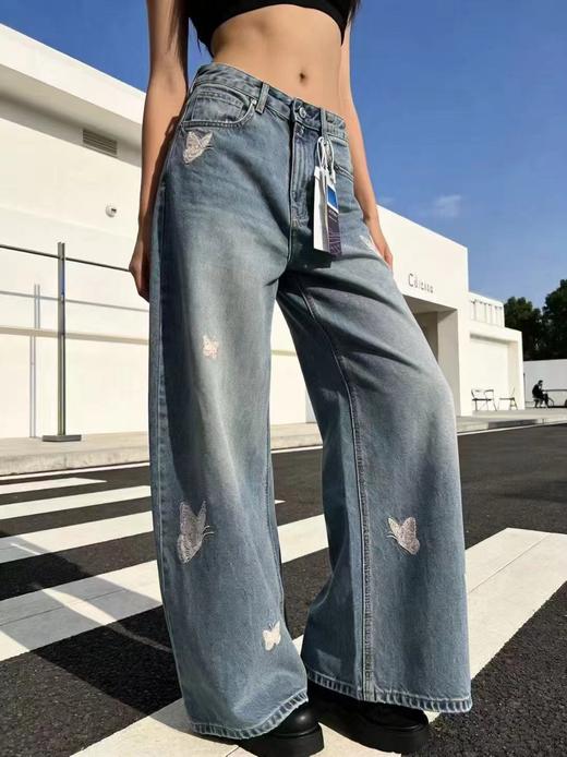 F030148重工刺绣蝴蝶结高品质浅蓝色宽松阔腿牛仔裤女春季拖地长裤 商品图9