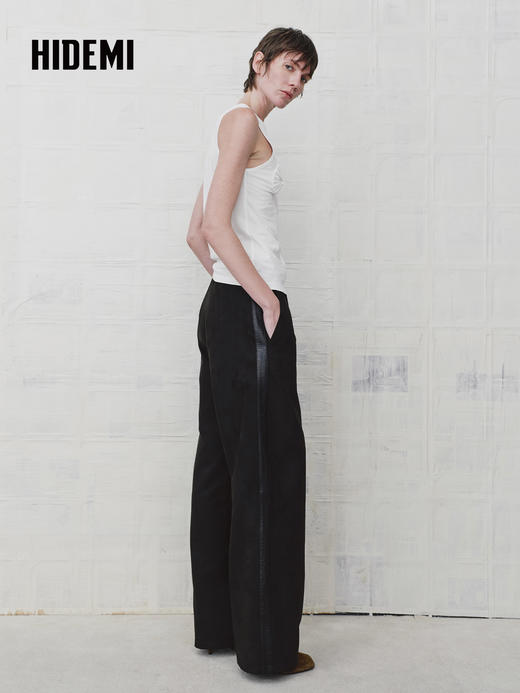 HIDEMI 复古环保麂皮绒廓形套装圆领拼皮油蜡皮套头上衣/阔腿长裤 商品图9