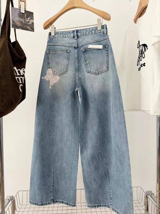 F030148重工刺绣蝴蝶结高品质浅蓝色宽松阔腿牛仔裤女春季拖地长裤 商品图12