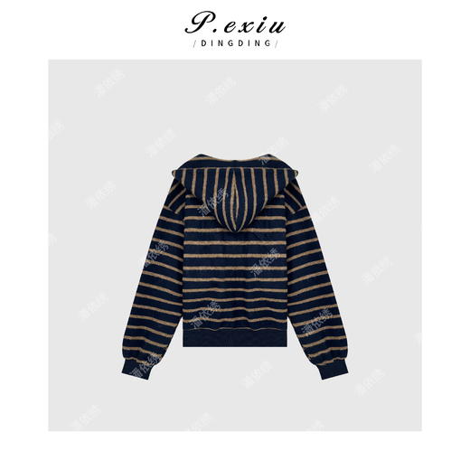 03-2潘依绣丁丁宠粉撞色条纹绒面韩系松弛休闲连帽卫衣F017 商品图2