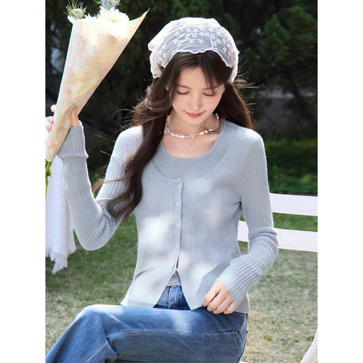 鹿向南「花开香气」浅蓝色假两件设计感针织衫女春季显瘦长袖上衣 商品图4