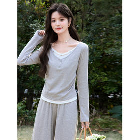 鹿向南「轻歌曼舞」灰色假两件休闲正肩长袖t恤女春新款短款上衣