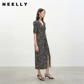 NEELLY纳俪商场同款夏季新款复古黑白碎花连衣裙女休闲舒适中长裙N26044Y04571