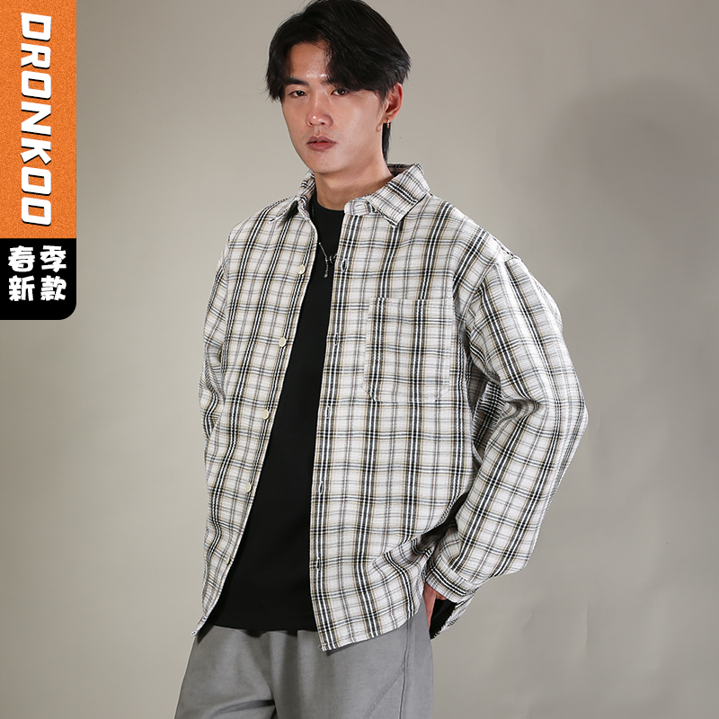 DRONKOO 2026 翻领左贴袋压皱撞色格纹微阔中厚衬衣外套