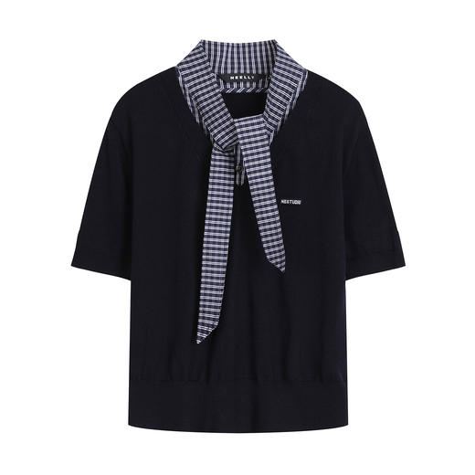 NEELLY纳俪商场同款春季新款休闲通勤拼接短袖针织女复古宽松上衣N26023A01078 商品图3