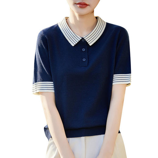 百媚生 蚕丝羊毛POLO领撞色短袖针织衫薄款上衣女PY-6610-53 商品图4