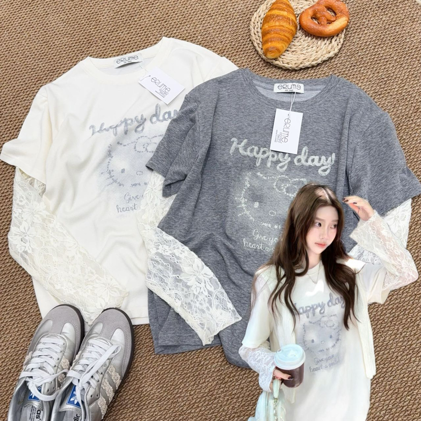 韩国东大门KT猫蕾丝拼接卡通印花假两件T恤