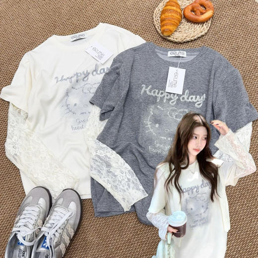 韩国东大门KT猫蕾丝拼接卡通印花假两件T恤 商品图0