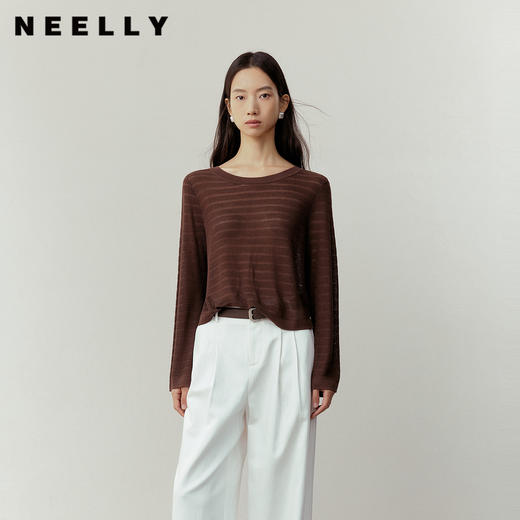 NEELLY纳俪商场同款春新款时尚肌理感长袖针织衫女后开衩休闲上衣N26031A01103 商品图0