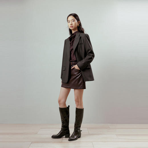 NEELLY纳俪商场同款春季新款复古摩登高腰A字皮裙女深棕简约短裙N26012E01041 商品图2