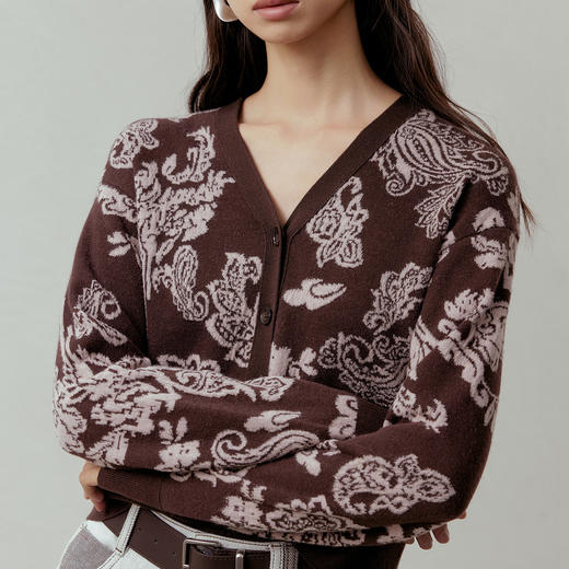 NEELLY纳俪商场同款春季新款复古V领花纹针织开衫女慵懒休闲上衣N26012A01024 商品图2