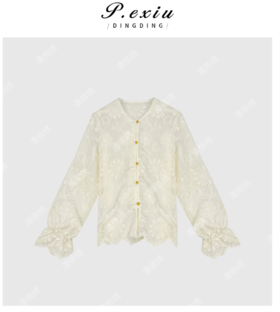 04-6潘依绣丁丁宠粉夏季新款蕾丝花边袖盘扣印花圆领衬衫Q2829