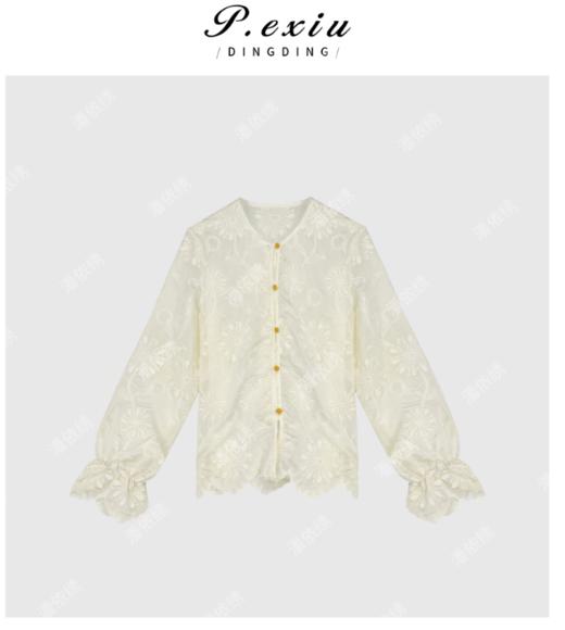 04-6潘依绣丁丁宠粉夏季新款蕾丝花边袖盘扣印花圆领衬衫Q2829 商品图0