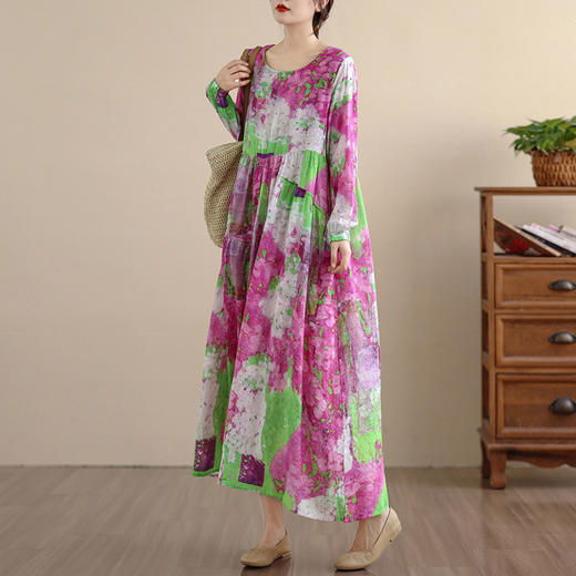 百媚生 复古文艺印花连衣裙女春秋长袖棉麻长裙C024-5097 商品图3