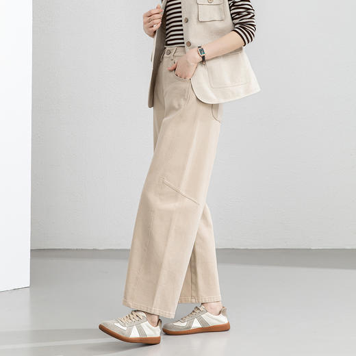 百媚生 棉质麻色阔腿牛仔裤女高腰宽松九分弯刀裤子EC86021 商品图2