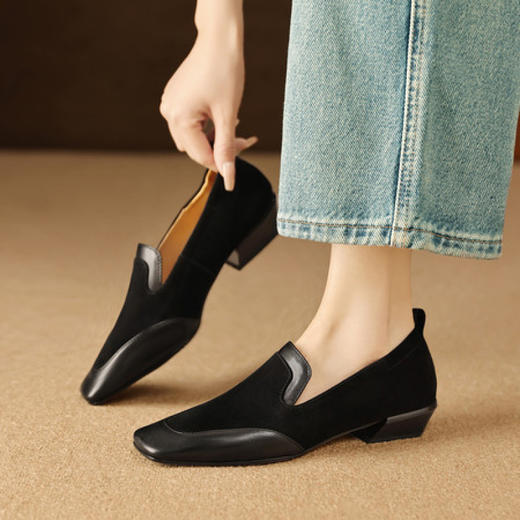 【预售5天】法式复古拼接低跟单鞋女真皮方头深口小皮鞋软底通勤工作乐福鞋LG&912-1703 商品图2