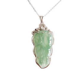 【天然正品】A货翡翠AU750白金镶钻镶天然细腻冰种叶子（金枝玉叶）翡翠吊坠项链40.6*17.9*7.7MM（皆取最大值）281025AH12