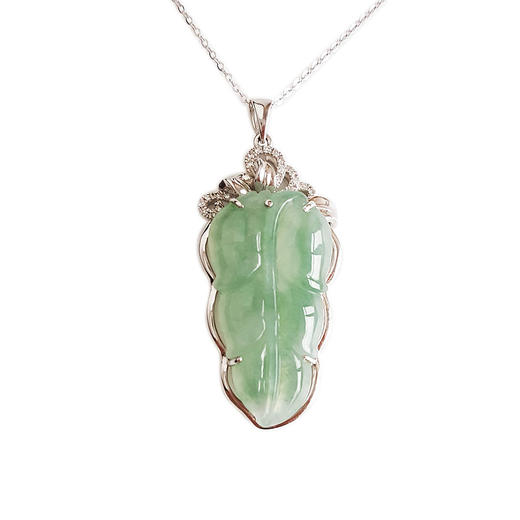 【天然正品】A货翡翠AU750白金镶钻镶天然细腻冰种叶子（金枝玉叶）翡翠吊坠项链40.6*17.9*7.7MM（皆取最大值）281025AH12 商品图0