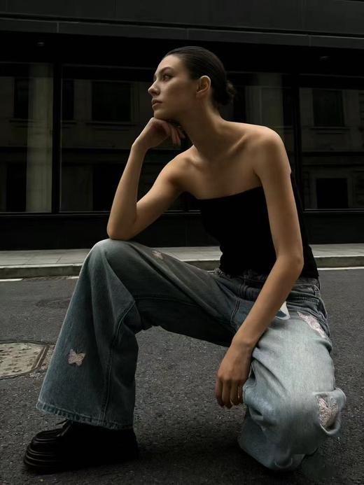 F030148重工刺绣蝴蝶结高品质浅蓝色宽松阔腿牛仔裤女春季拖地长裤 商品图7