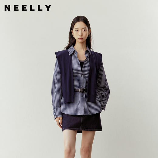 NEELLY纳俪商场同款春季新款时尚休闲格纹披肩衬衫女通勤复古外套N26023B01081 商品图0